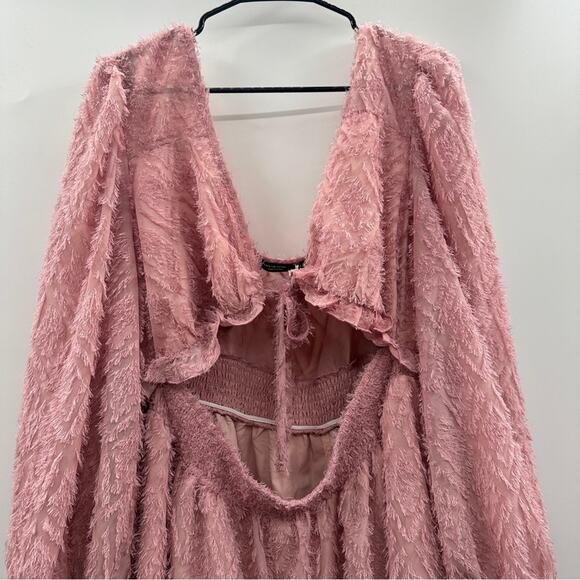 SHEIN Pink Feather Fringe Tie‎ Open Front Long Sleeve Mini Dress Size 4XL - Picture 2 of 9